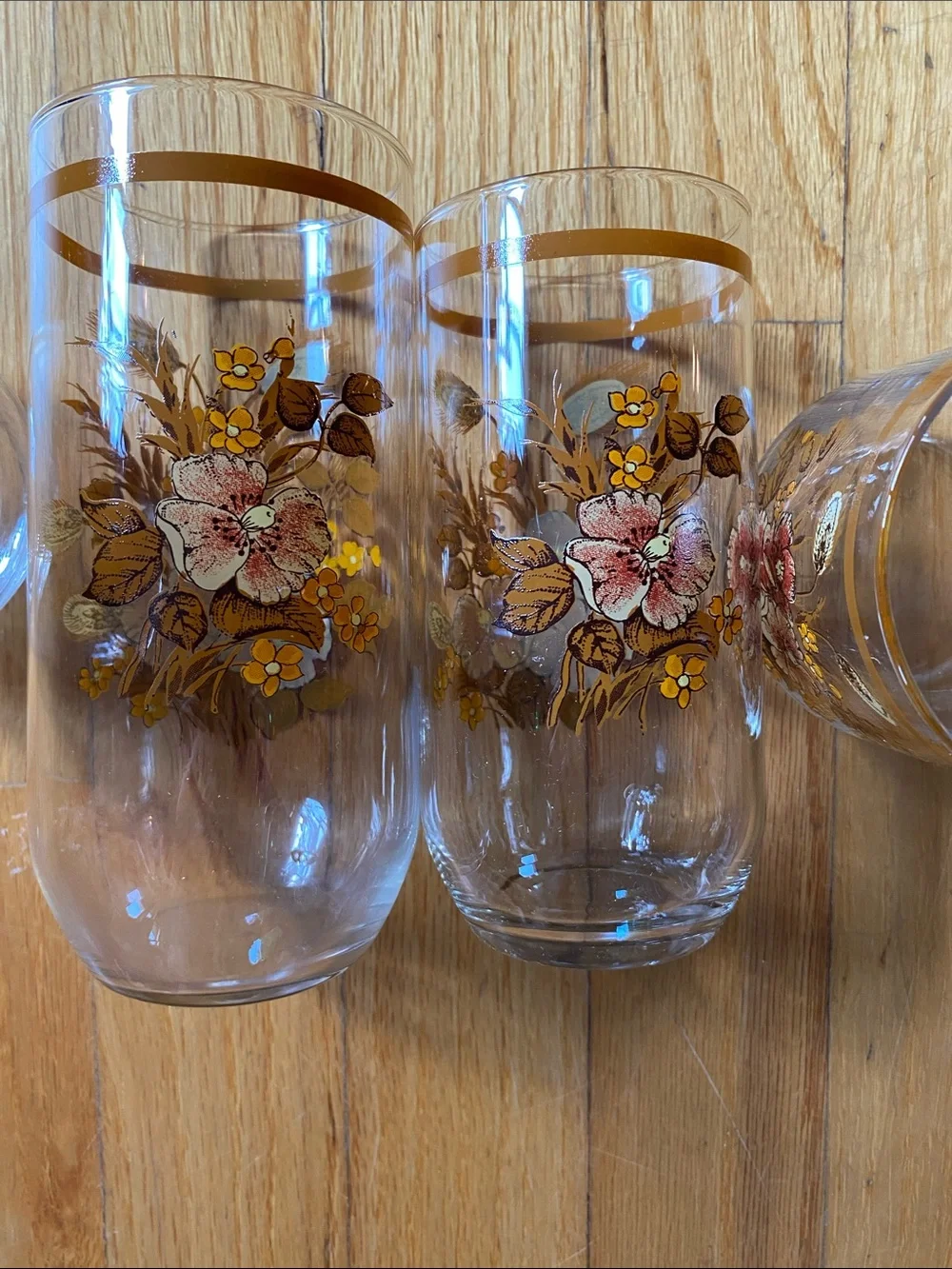 Vintage 1970’s Floral Brown Rim Glass Tumbler Set of 4 Drinkware